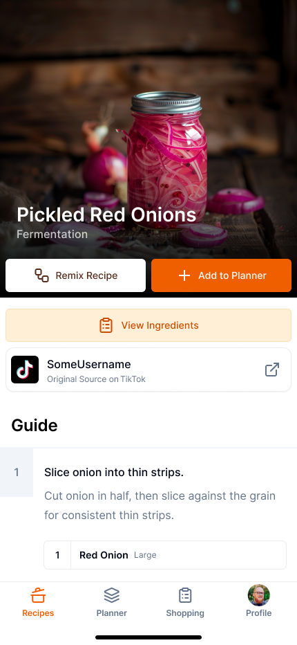 List of recipes to start cooking, or add to shopping list.