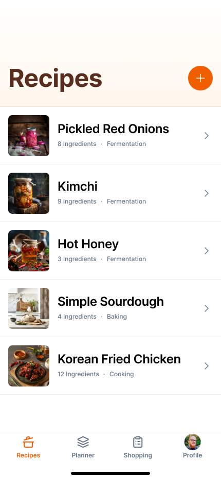 List of recipes to start cooking, or add to shopping list.